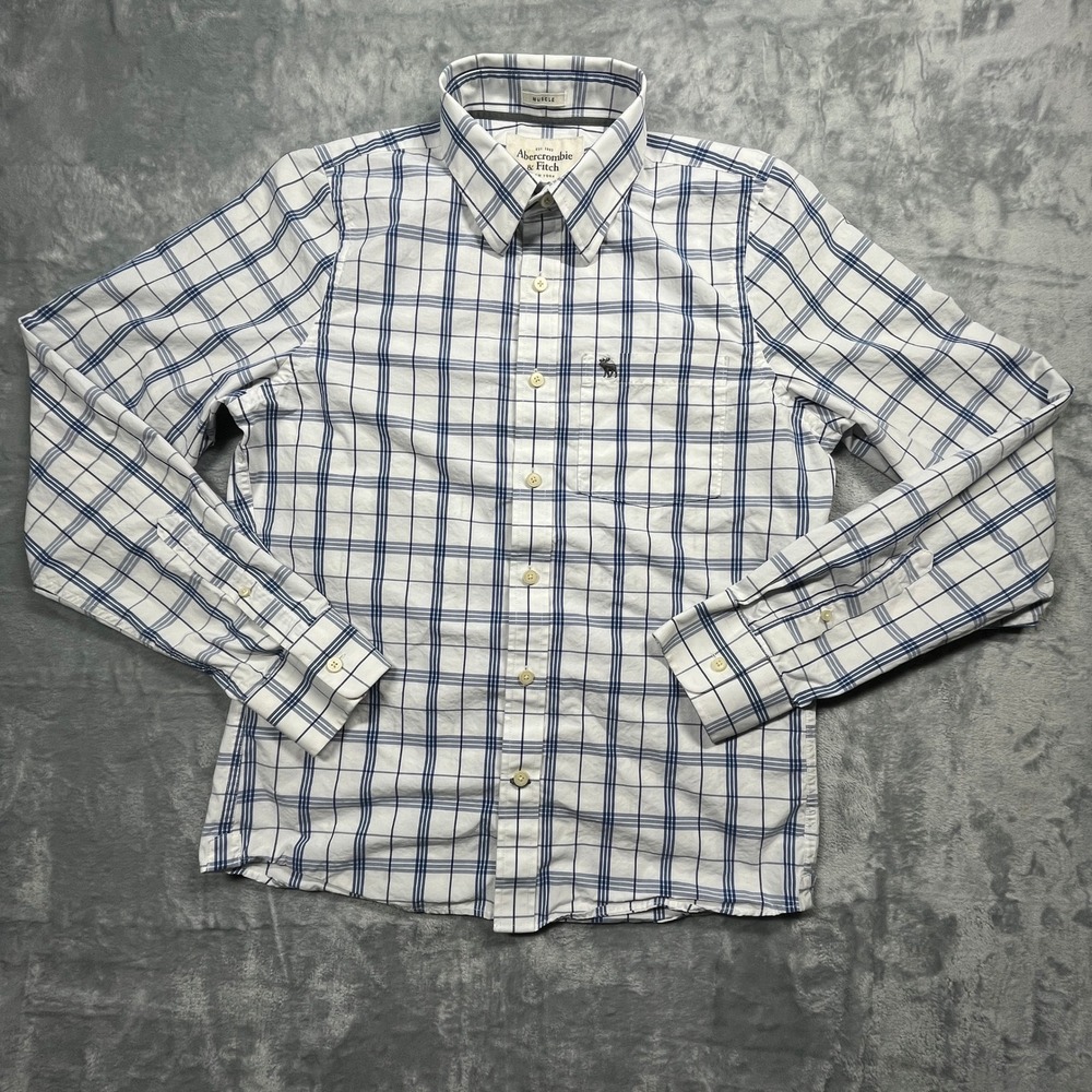Abercrombie & Fitch Button Up Shirt Mens Large White Blue Plaid Muscle Fit